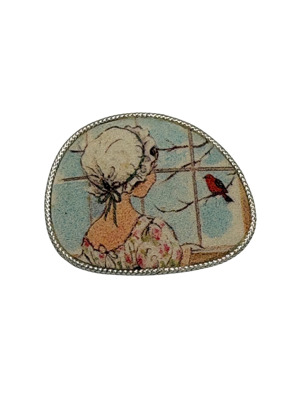 Vintage-Inspired Woman and Bird Enamel Brooch in Multi-Color
